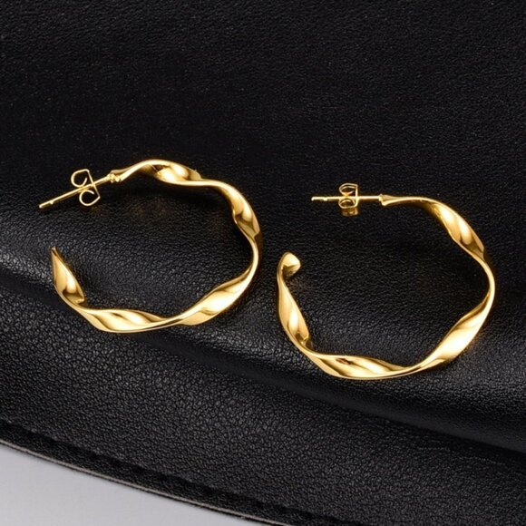 Gold Twisted Hoop Earrings - Picture 3 of 4